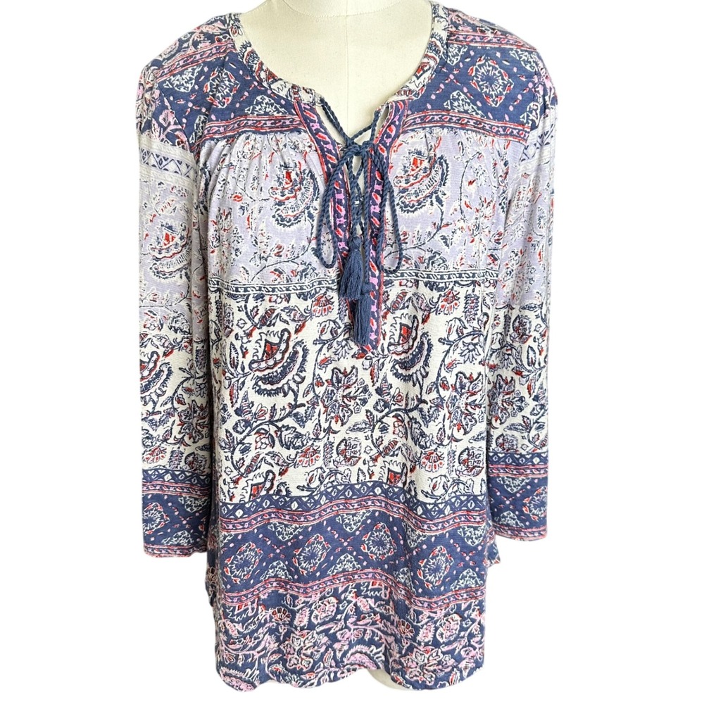 Lucky Brand Peasant Blouse Women Small Blue Paisley Floral‎ Tie Neck Boho Tassel